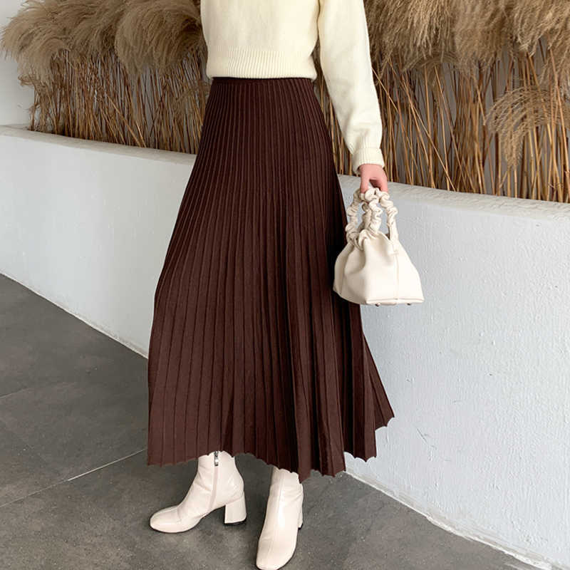 Winter Thickened Rib Knitted Large Swing Maxi Long Skirts Elegant Solid A-line Pleated Ankle Length Knit Coffree Beige 210621