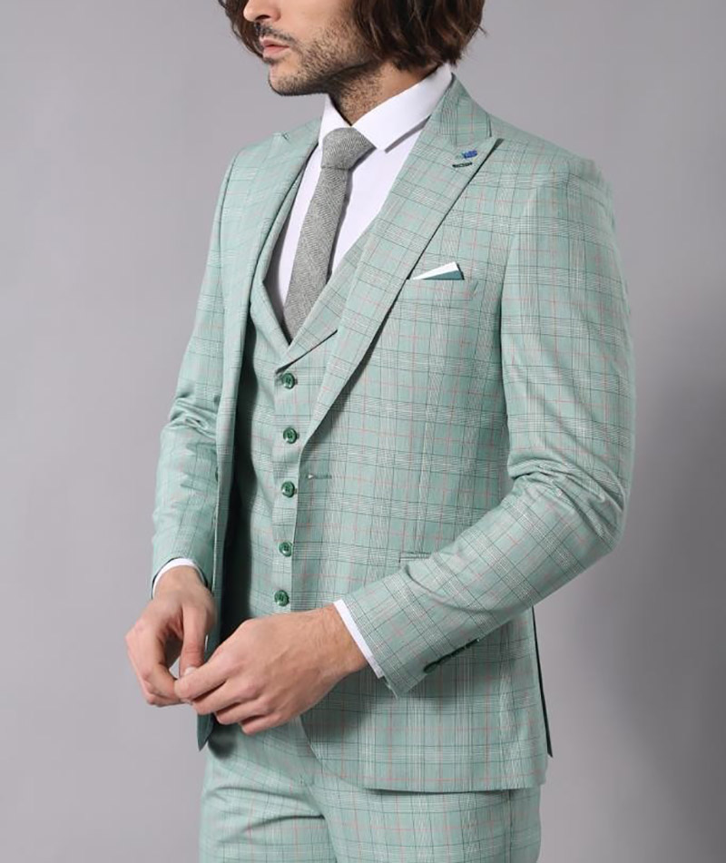 Three-Pieces Men Suits Business Casual Suit Green Plaid Slim Fit Groom Party Coat Tailored Work Wear