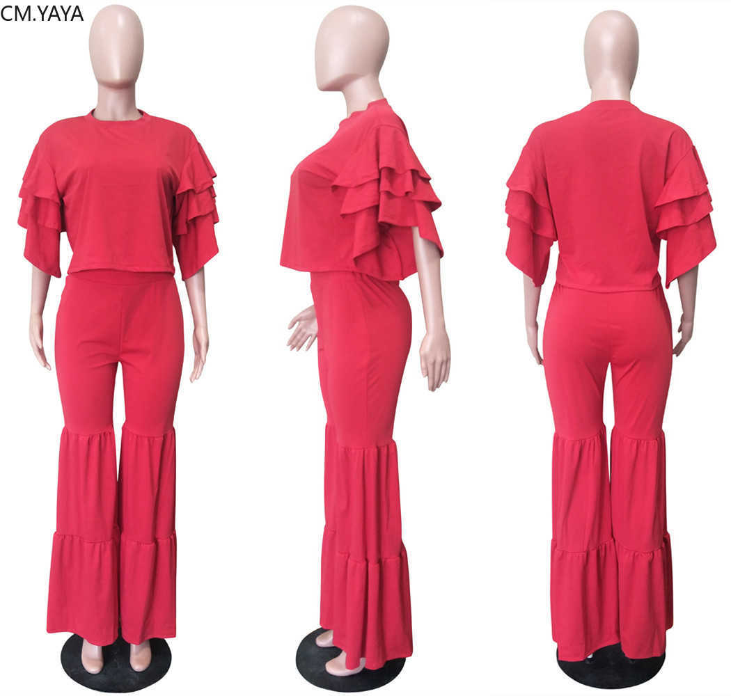 Autumn Winter 2-Piece Tracksuit Set: O-Neck Petal Sleeve Top And Flare Pants, Solid Color Nightclub Outfits For Women, Ls6326 210727