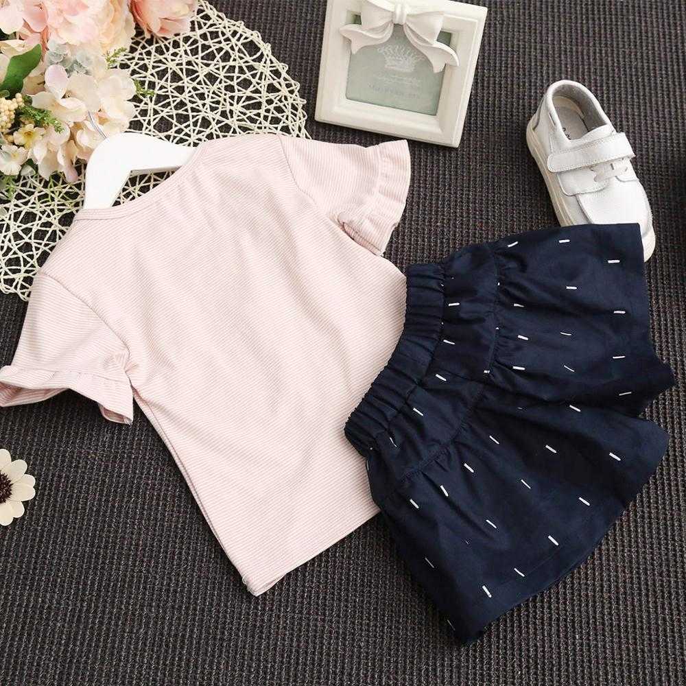 Arrivals Summer Children Sets Short Sleeve Decorative Flowers T-Shirt Bow Black Skirt Cute 2Pcs Girls Clothes 2-7T 210629