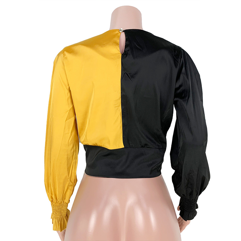 Fashion Colorblock Twist Front Deep V Neck T Shirts Women Long Sleeve Casual Crop Tops Streetwear T200616
