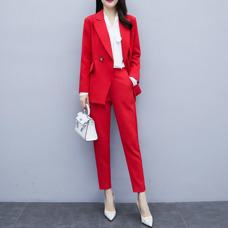 Casual high quality women's suits pants suit Autumn new slim red ladies red jacket small suit Female large size slim trousers T200817