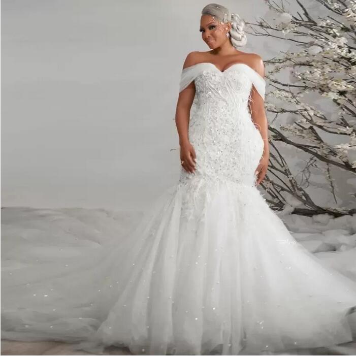 Feather Mermaid Wedding Dresses Off the Shoulder Pearls And Crystal Bridal Gown White Tulle Bottom Vestido De Novia