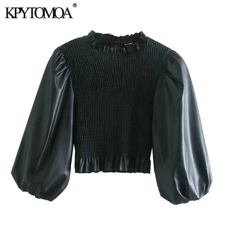 KPYTOMOA Women Fashion Faux Leather Elastic Smocked Cropped Blouses Vintage Three Quarter Sleeve Ruffled Female Shirts Chic Tops 210225