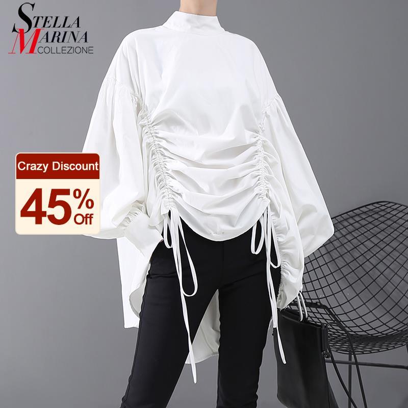 Lantern Sleeve Woman Casual Style Tops Black White Hipster Blouse Oversized Draped Lady Tunic Feminine Shirt chemise femme 5887 210225
