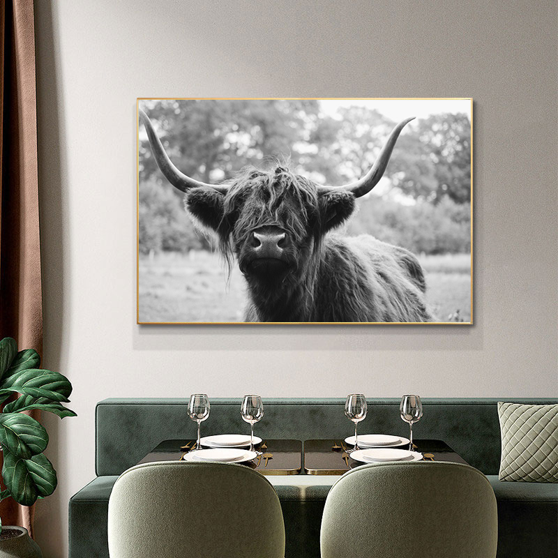 Black and White Highland Cow Canvas Painting Prints and Posters Wild Animals Cattle Canvas Paintings for Living Room Decor