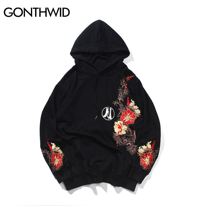 GONTHWID Embroidery Animal Flowers Rabbits Print Hooded Sweatshirts Harajuku Fashion Pullover Hoodies Hip Hop Casual Streetwear 201103