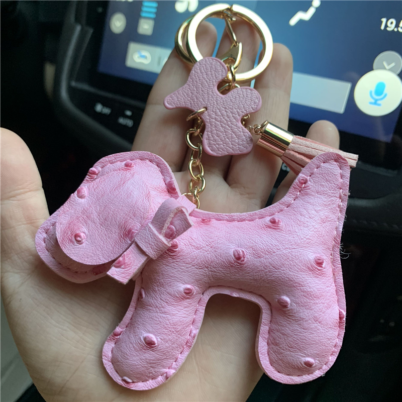 Dog Design Car Keychain Bag Pendant Charm Jewelry Tassel Bow Key Ring Holder for Women Men Fashion PU Leather Animal Key Chain Accessories