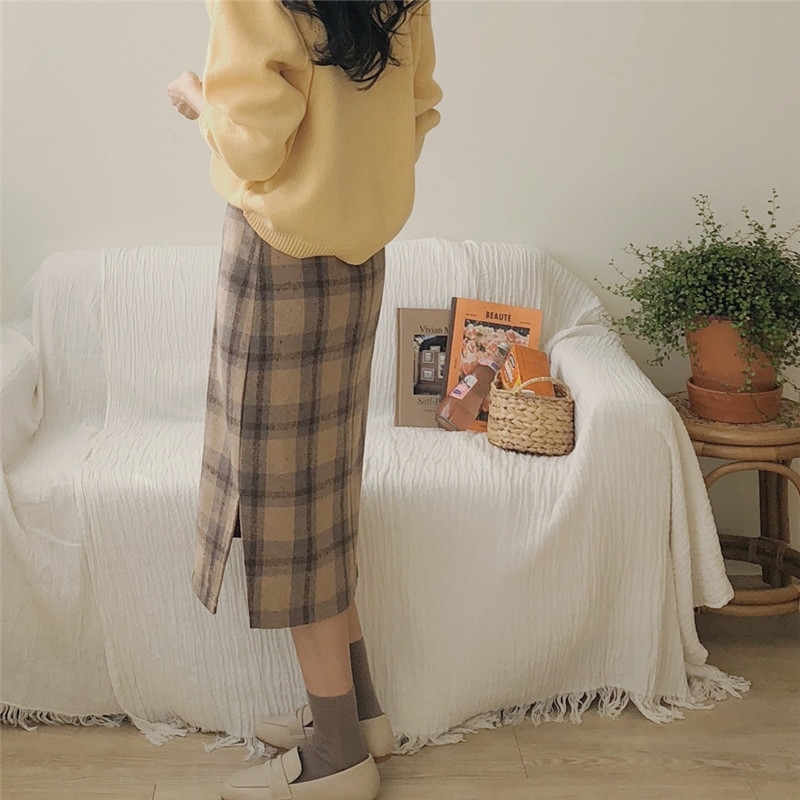Vintage plaid Women Skirts Autumn Plus Size Pencil Long Girls Skirt Female Vintage Warm Thick Skirts Winter Femme Faldas Muje 210309