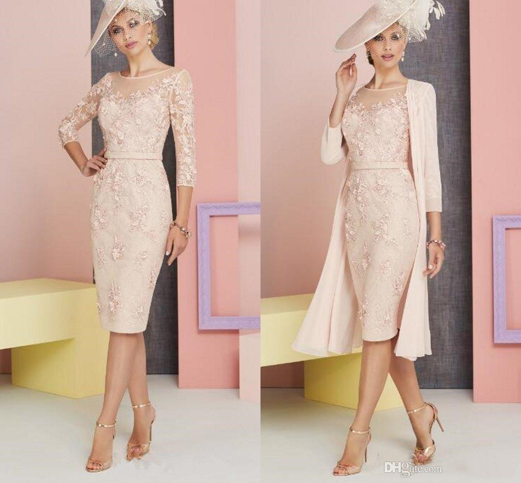 Knee-length Mother of the Bride Dress With Jacket Sheer Neckline 3/4 Sleeves Lace Appliques Formal Evening Gowns
Knee-length Mother of the Bride Dress With Jacket Sheer Neckline 3/4 Sleeves Lace Appliques Formal Evening Gowns