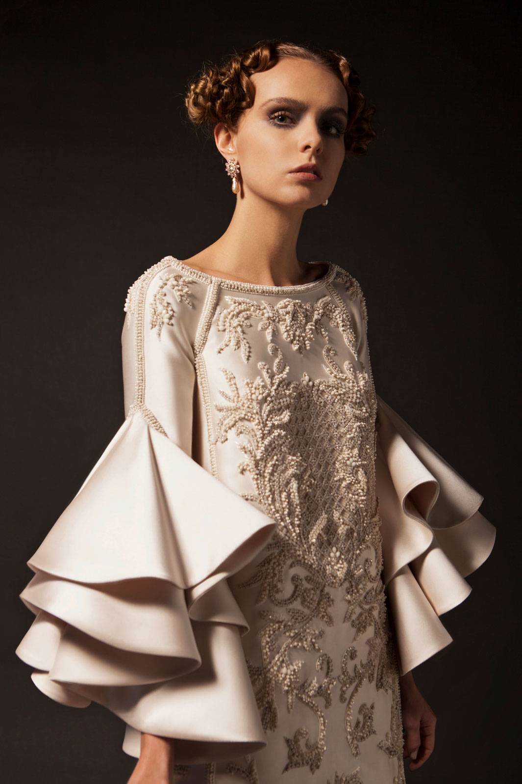 Vintage Krikor Jabotian Short Prom Dresses Special Ruffles Long Sleeve Cocktail Party Gowns Tiered Lace Beads Evening Dress