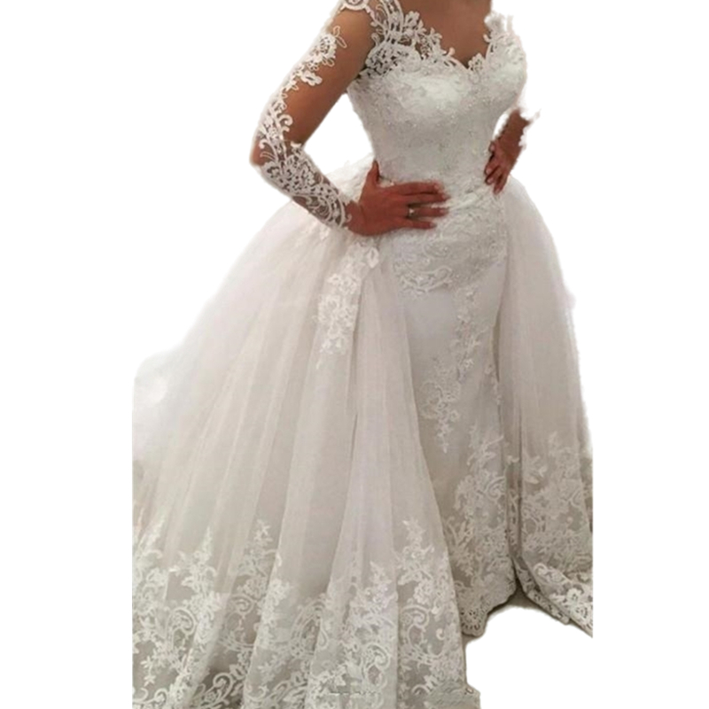 Luxury Country Lace Wedding Dresses Bridal Gowns with Detachable Train Overskirts Appliqued Long Sleeves Vintage V Neck Plus Size Bride Dress Vestido 