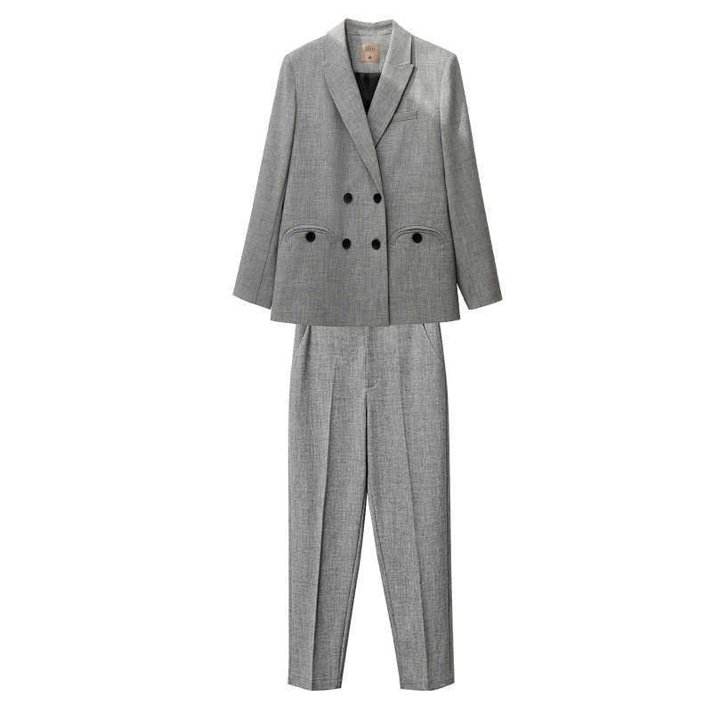 Minimalism Autumn Suit Set OLstyle Lapel Double Breasted Gray Women Coat High Waist Solid Ankel Length Pants 12070512 210527