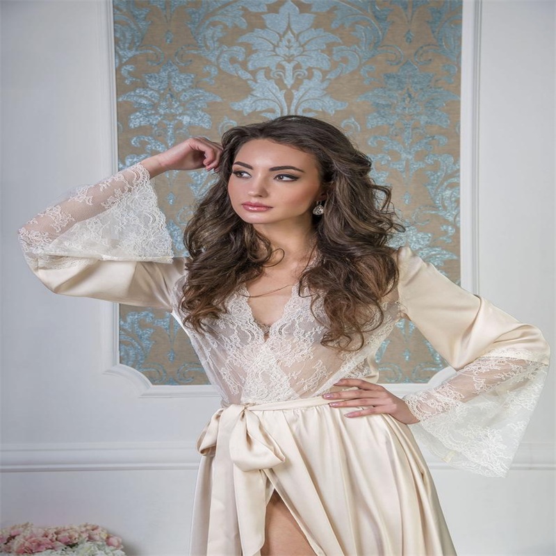 Hot Sale Ivory Bride Sleepwear Robes With Belt Sexy V Neck Long Sleeve Custom Made Soft Silk Satin Lace Women Sleepwear Pajamas Dresses