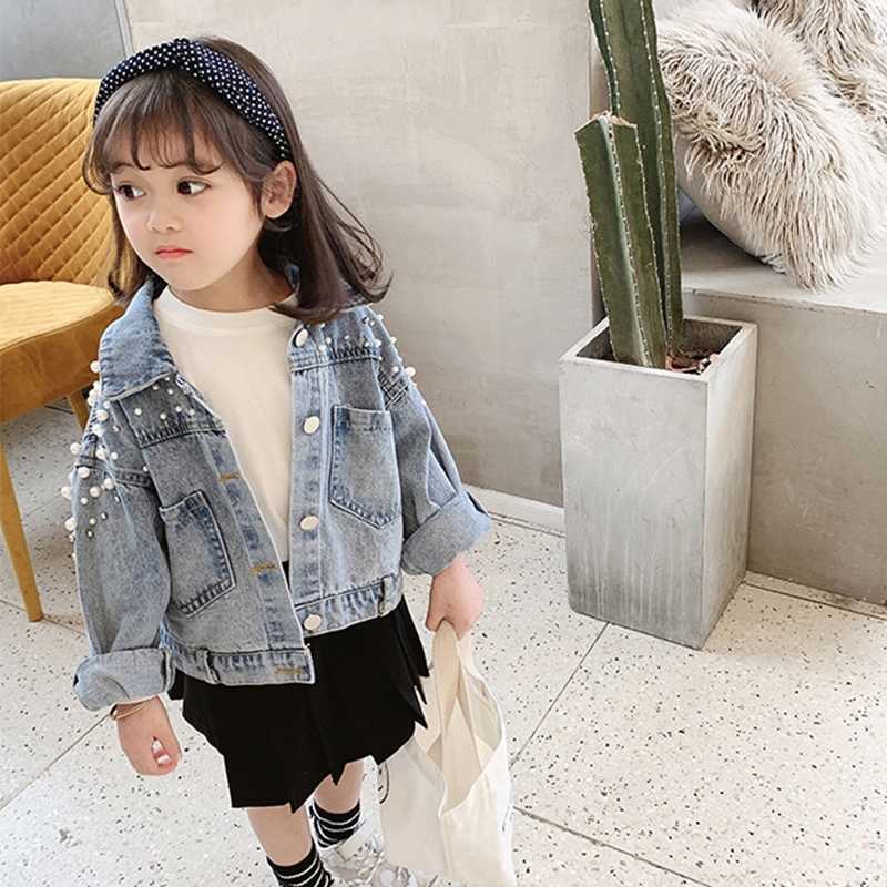 Pearls Beading Kids Denim Jacket For Girls Fashion Coats Children Clothing Autumn Baby Clothes Outerwear Jean Jackets Coat 211204