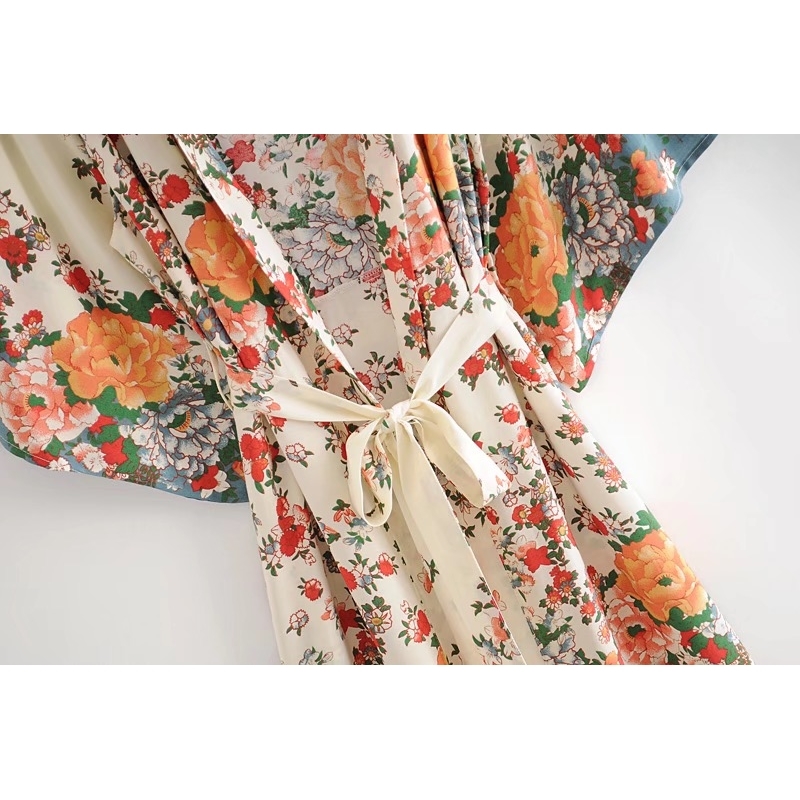 BOHO Location Floral Print Long Kimono Shirt Beige Hippie Women Lacing up Tie Bow Sashes Long Cardigan Loose Blouse Tops Holiday 210225