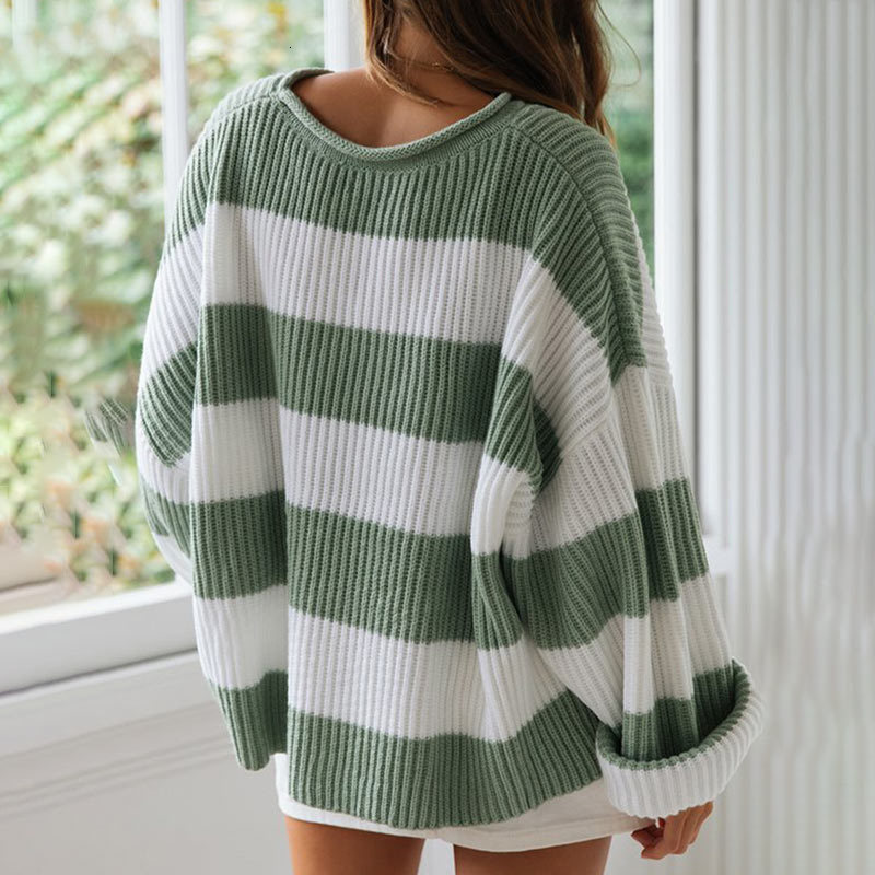 Women's Winter Sweater Stripes Pullover Long Sleeve O-Neck Curling Loose Ladies Sweaters Autumn New Womens Jumpers 210218