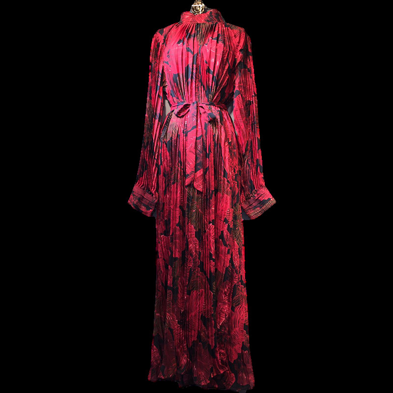 LANMREM women long dresses famale vintage stand collar loose slimming belt pleated long sleeve printed 135CM length 210303