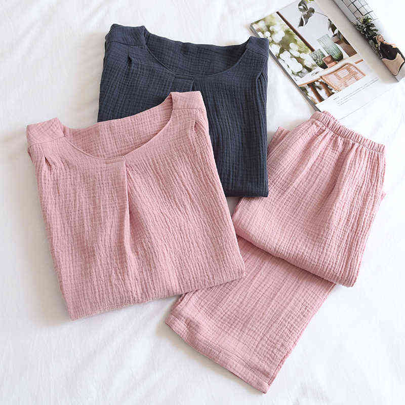 Japanese Simple Spring And Autumn Ladies Pajamas Two-piece Long-sleeved Trousers 100% Cotton Crepe Round Neck Home Service Set 211118