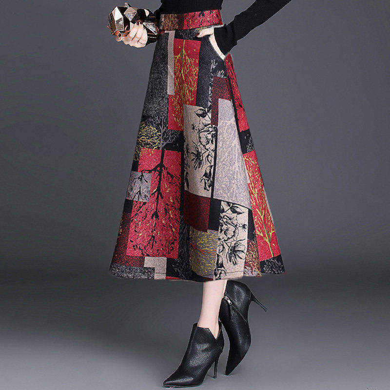 Autumn Winter Aline Long Skirts Womens Maxi Skirt Female High Waist Warm Wool Skirt Elegant Office Lady Printing Plaid Skirt 210306