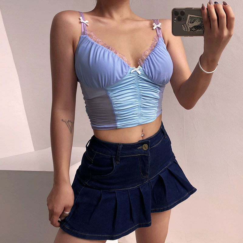 HEYounGIRL Summer Patchwork Mesh Sexy Crop Top T Shirt Ladies Backless Milkmaid Sleeveless Top Women V Neck Frill Tshirt Party 210306