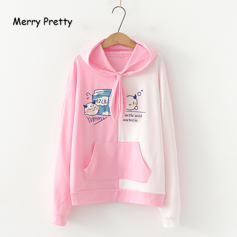 Merry Pretty Women Cartoon Print Pink Hooded Sweatshirts Winter Long Sleeve Tie Collar Hoodies Femme Harajuku Pullovers 201102