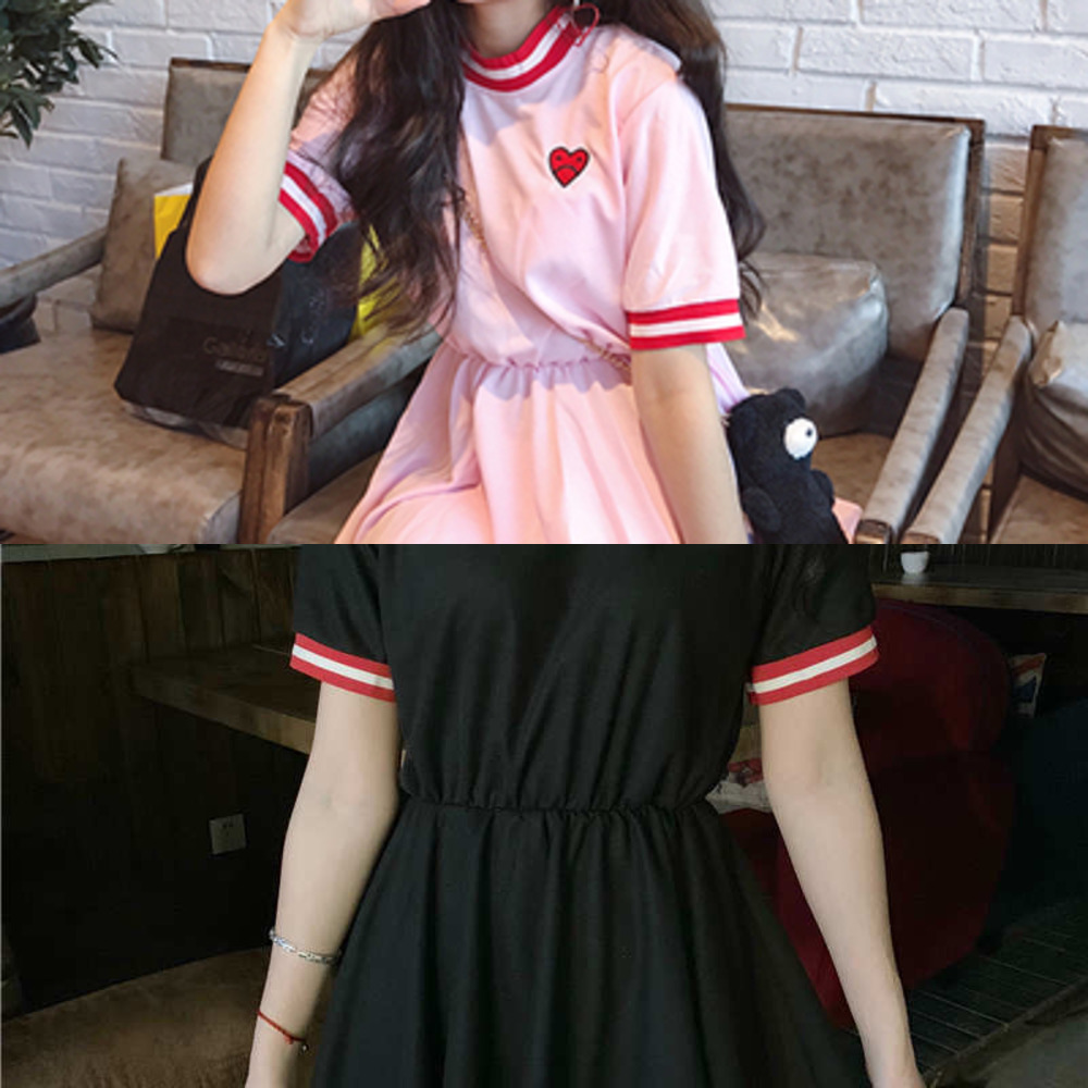 Women's Lovely Sweet Dress Japan Style Kawaii Ulzzang Cute Love Embroidered Vestidos Female 2020 Girls Korean Harajuku Dresses C0304