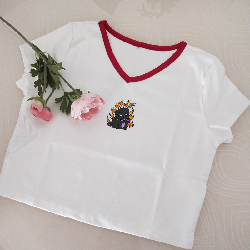 Women's Funny Print T Shirts Summer Harajuku Short Sleeve Crop Tops Girls Cute Fire Dog T-shirt V Neck Cotton Tshirt Femme 210306