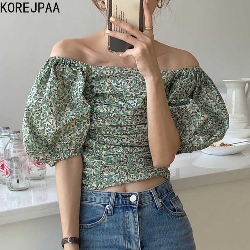 Korejpaa Women Shirt Summer Korean Sexy Temperament One-Line Neck Strapless Short Pleated Slim Floral Puff Sleeve Blouses 210526, Green
Korejpaa Women Shirt Summer Korean Sexy Temperament One-Line Neck Strapless Short Pleated Slim Floral Puff Sleeve Blouses 210526, Green