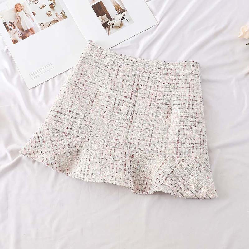 Autumn Korean Skirt Women Hight Waist Solid Mini Skirt Elegant Ladies Button Lotus Leaf Woollen Wrap Skirts Femininas 210306