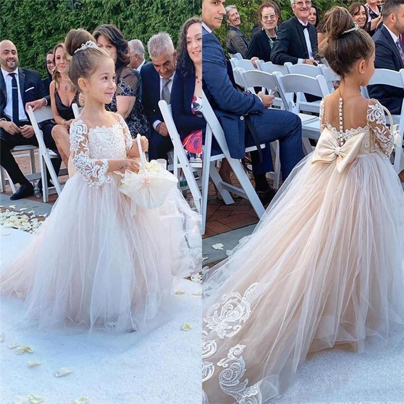 Blush Flower for Weddings Ball Gown Sleeves Tulle Lace Bow Long First Communion Dresses Little Girl