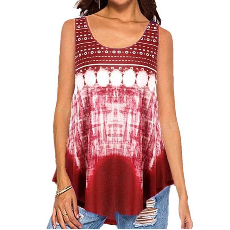 Bohemian Vintage Tops Women Geometric Striped Print Sleeveless Tank Top Summer Round Neck Gradient Blue Oversize Loose Vest 210604