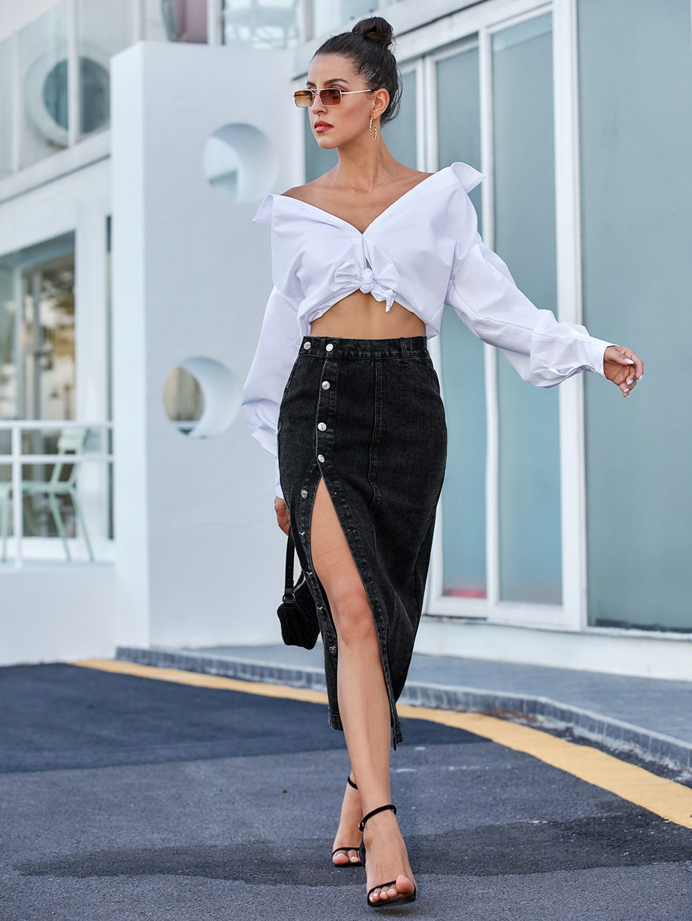 Denim Skirt Fashion Button Irregular Slit Skirts High Waist MidLength Sexy Denim Casual Women Skirts 210306
