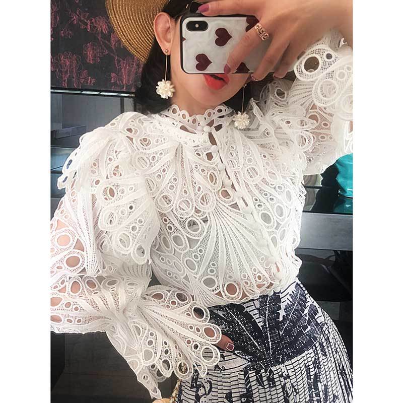 BOHO Inspired spring Vintage white blouse women long sleeve hollow out women blouses shirts chic ruffle sleeve boho blouse 210225
