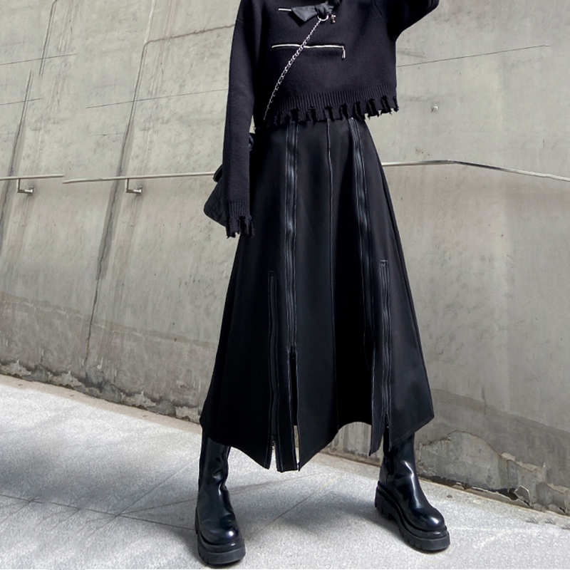 [EAM] High Waist Black Brief Zipper Spliced Long Split Joint Half-body Skirt Women Fashion Tide New Spring Autumn 2021 1DD1712 210309