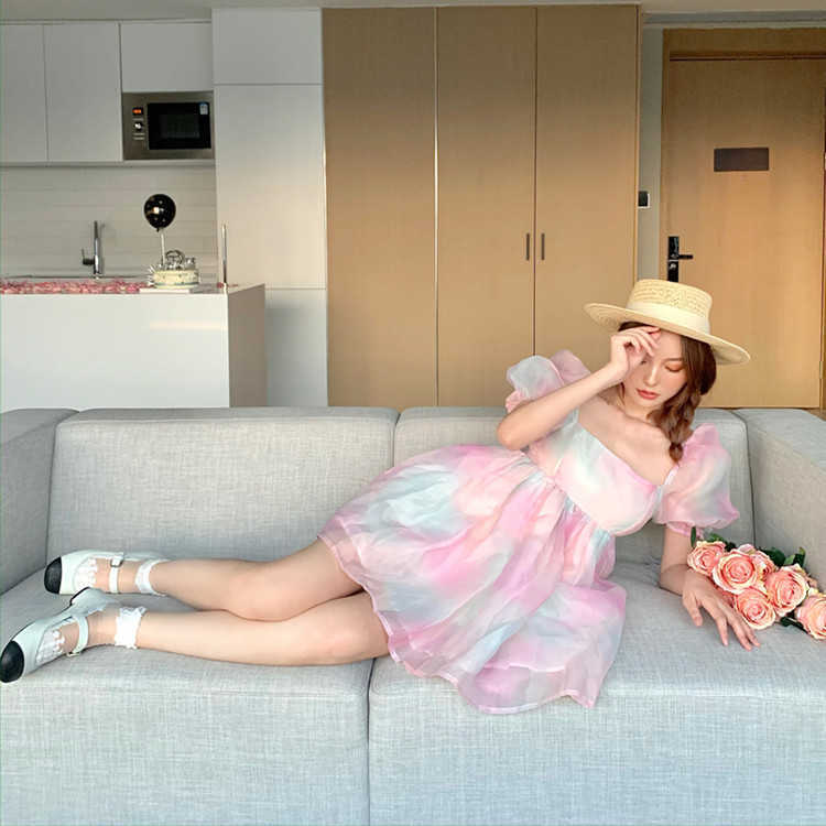 fashion style elegant princess dress rainbow fairy skirt bubble sleeve puffy short kawaii mini women 210623