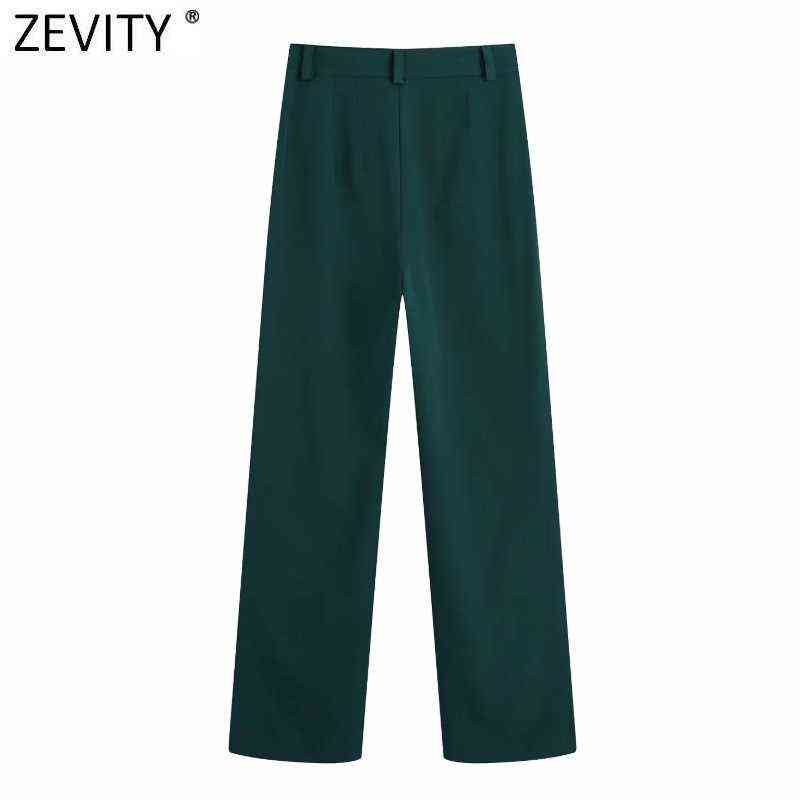 Zevity Women Chic Fashion Side Pockets Straight Pants Office Wear Vintage High Waist Zipper Fly Female Trousers Mujer P1016 211115