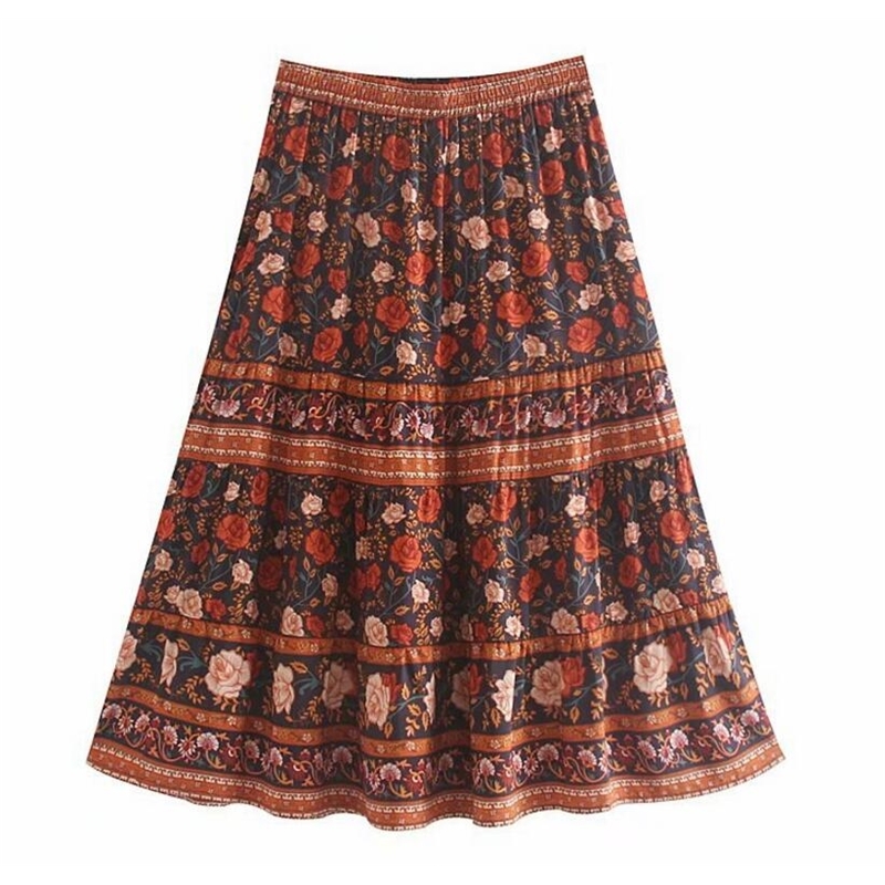 Bohemian Stream Flower Print Long Skirt Stitching Ruched Ruffle Hem Holiday Women Lacing up Stream Waist Swing Skirts Beach 210306