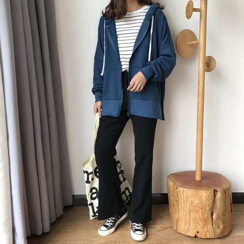 With Hat Hoodies Women New Spring Ulzzang Loose Zipup Thin Womens Clothing Pure Sideslit Chic Leisure Fashion Girl Sweatshirts T200525