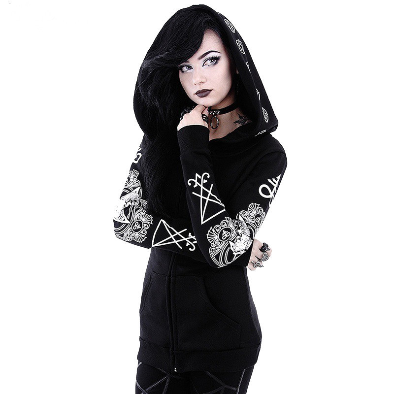 Gothic Punk Print Hoodies Sweatshirts Women Long Sleeve Jacket Zipper Coat Autumn Winter Female Casual Hoodie Oversized Hood 201028