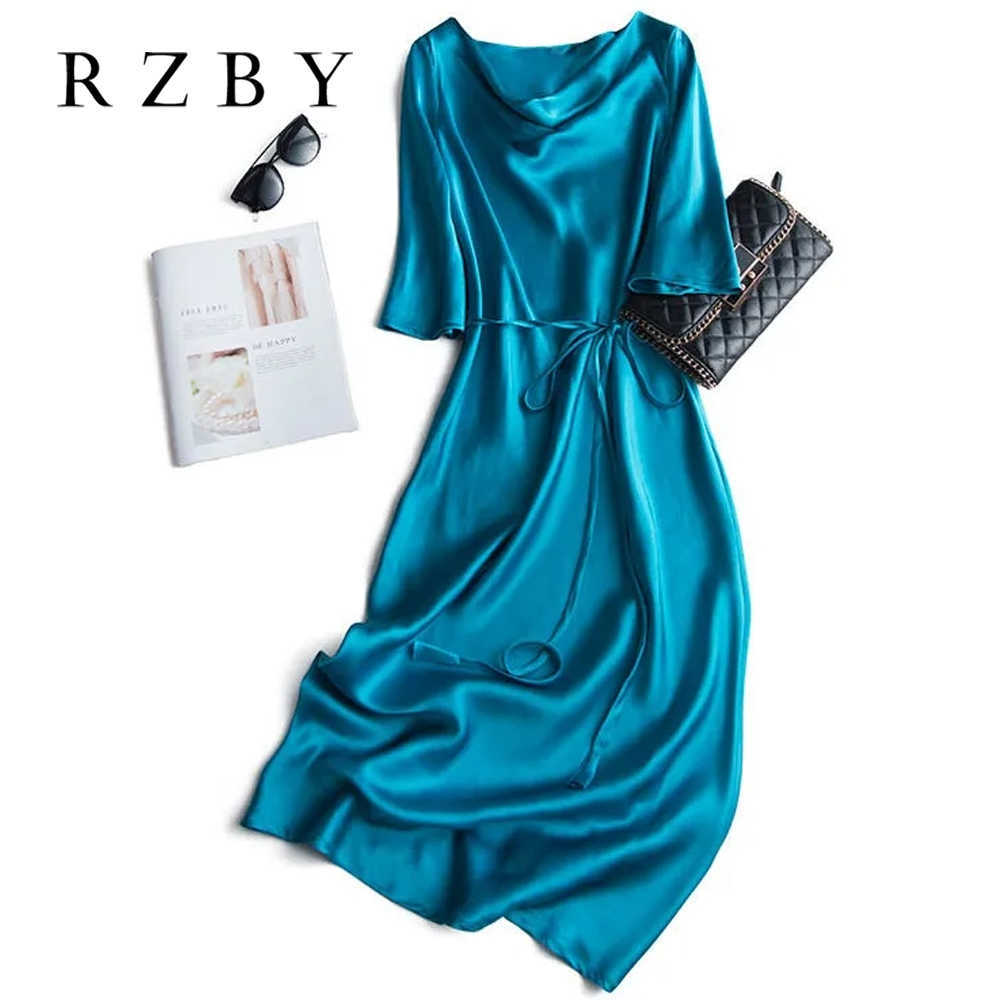 Sexy Silk Spaghetti Half sleeve Lace-up Summer Dress Women Satin Long Dress Elegant Party Dresses Plus Size RZBY098 210630