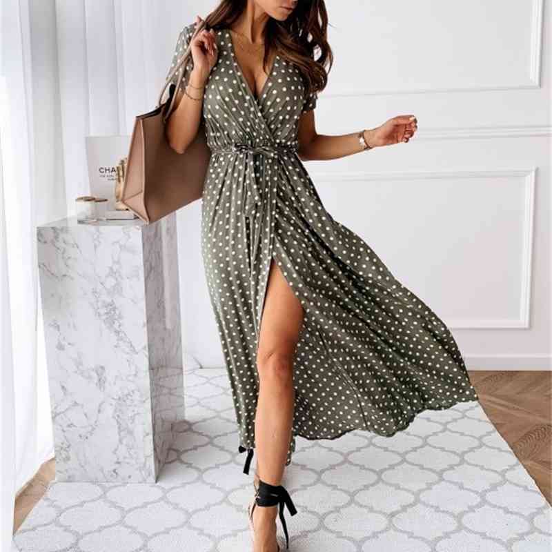 Women Dresses Summer Fashion Polka Dot Split Boho Dress Casual Beach Vacation Long Vestido De Mujer YS9885 210623