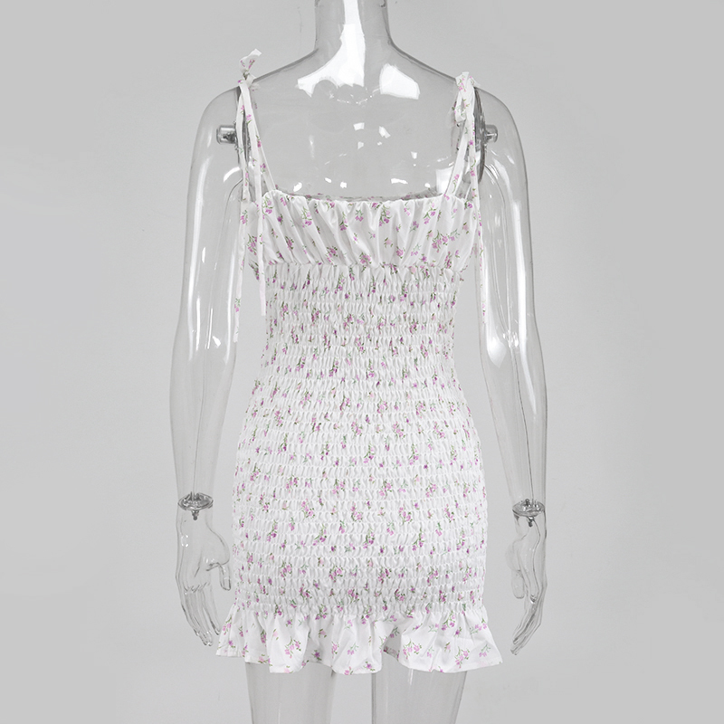 NewAsia White Floral Shirred Mini Dress Summer Women Ruffles Dress Sexy Spaghetti Straps Pleated Ruched Bodycon Dresses 210304
