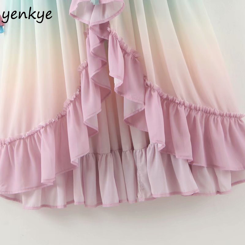 Multicolor Gradient Print Long Maxi Dress Women V Neck Long Sleeve Ruffle Holiday Boho Beach Dress A-line Chiffon Summer Dress 210309