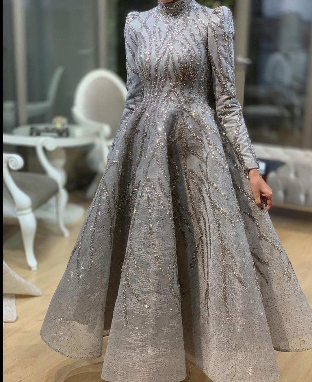 Plus Size Arabic Aso Ebi Sier Urious Muslim Prom Dresses Lace Beaded Evening Formal Party Second Reception Gowns Dress ZJ Lz0304
