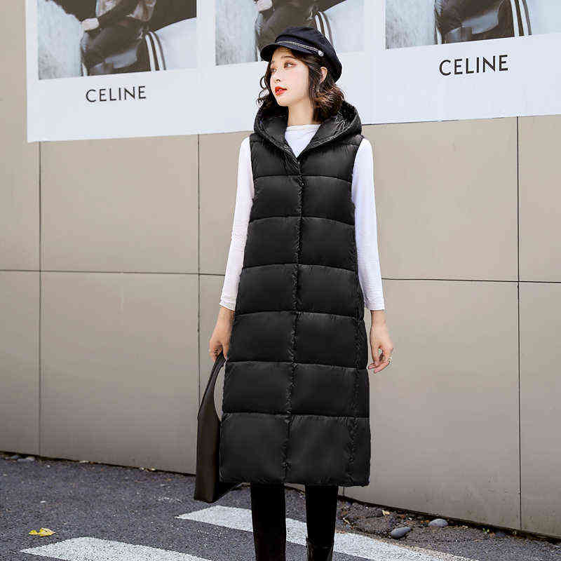 Hooded Solid Winter X-Long Thick Vest Jacket for Women Casual Loose Down Cotton Waistcoat Quilted Zipper Sleeveless 211120