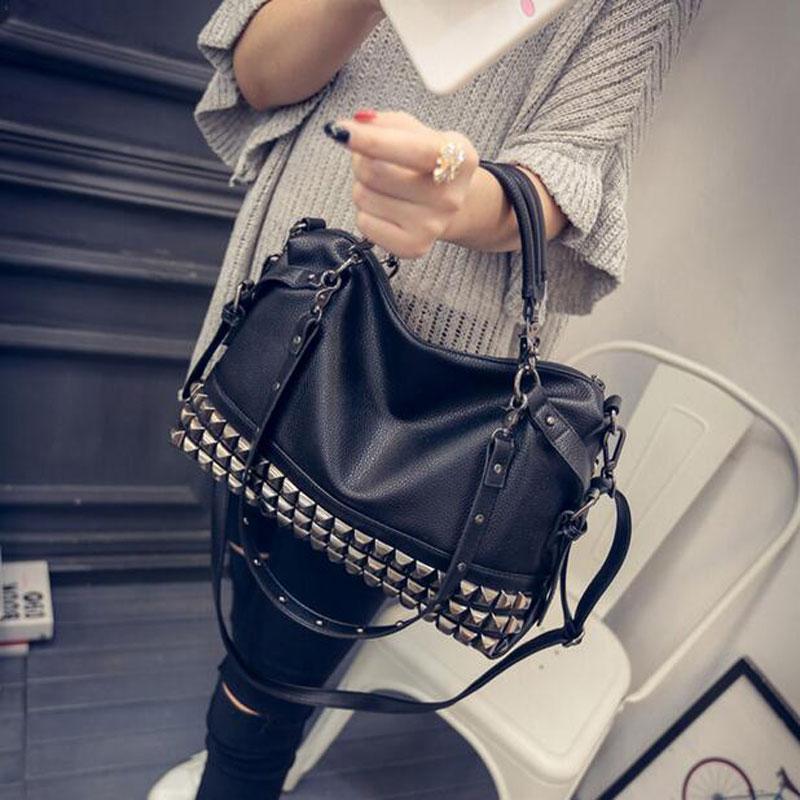 Duffel Bags Rivet Women's PU Leather Handbag Fashion Silver/Black Cowhide Women Messenger One Shoulder Big