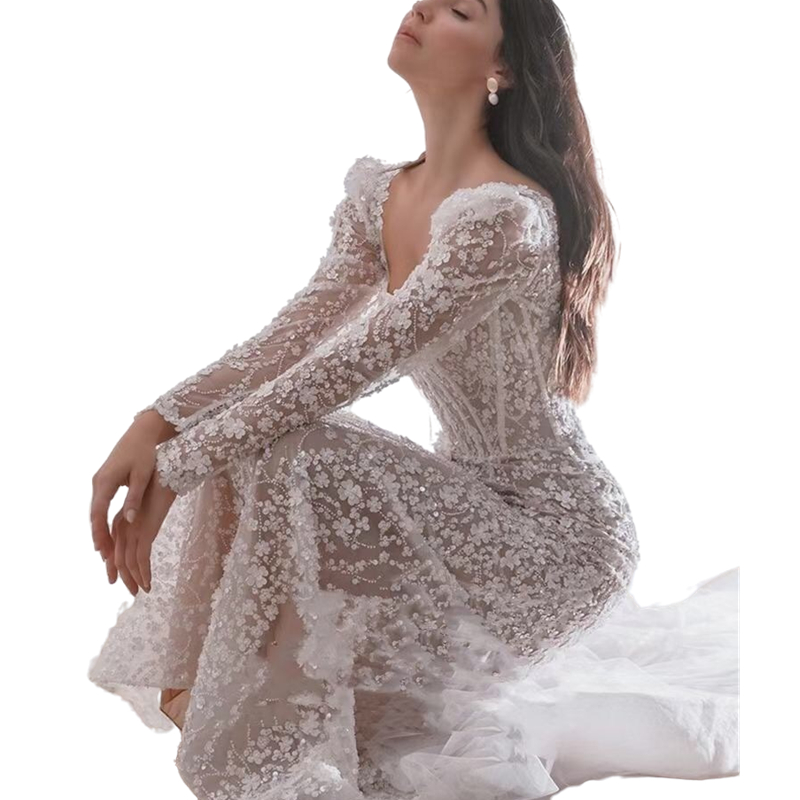 Luxurious Beaded Flowers Mermaid Wedding Dress Long Sleeves Square Neck Boho Beach Wedding Gowns For Bride Sexy Backless Romantic Bridal Dresses Sweep