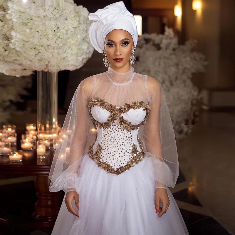 Sexy Llusion Long Sleeves Wedding Gowns For African Women 2022 Mor Beads Pearls Plus Size Aso Ebi Bridal Dress 0431