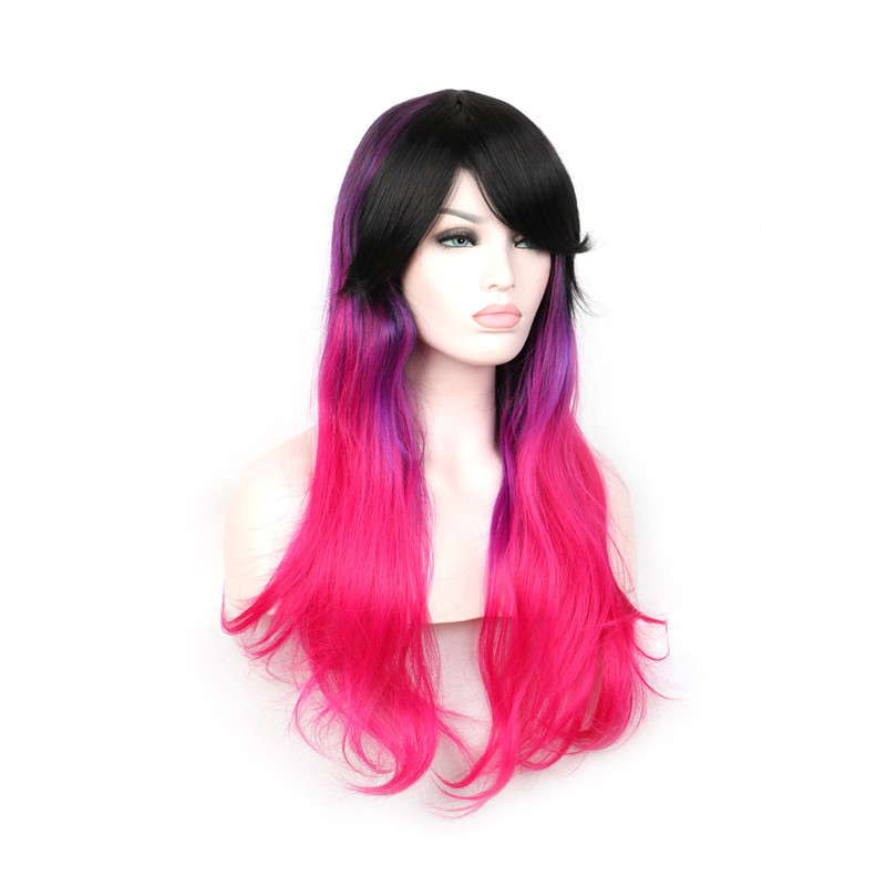 good quality synthetic fiber hair wigs ombre black purple pink mixed color cosplay wig 75cm long wavy wig with bangs women
